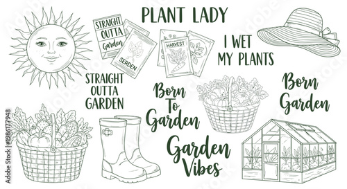 Charming collection of hand-drawn gardening elements and inspirational quotes.