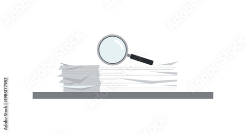 A simple magnifying glass with a black handle sits atop a thick neat stack of white papers on a grey shelf against a plain white studio background.