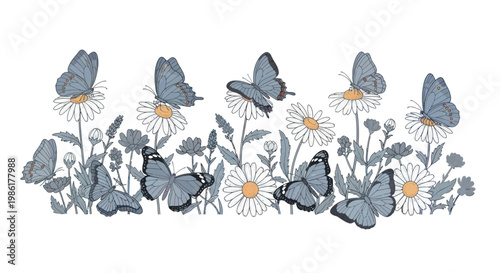 Blue butterflies flutter among daisies in a serene meadow.
