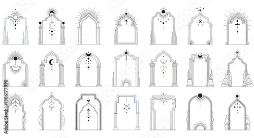 Set of mystical arch frames with celestial line art and bohemian geometric borders