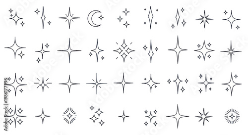 Collection of sparkling star icons and moon on white background.