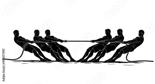 Silhouettes of athletes in a tug of war competition, symbolizing teamwork and strength.