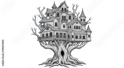 Fantastical whimsical treehouse mansion illustration in black and white line art style