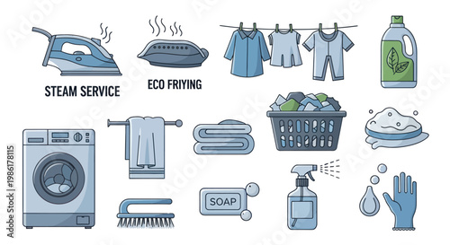 Collection of laundry and housekeeping cleaning icons in linear flat style