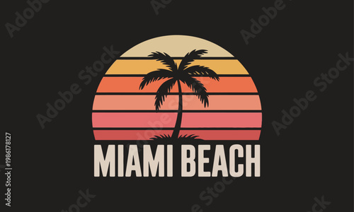 Vintage miami beach sunset illustration a retro style design with palm tree and warm colors
