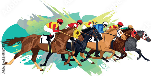 Horses and jockeys racing on a track with motion blur effect applied