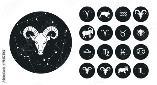 Collection of zodiac signs and astrology constellation symbols with a black and white theme.