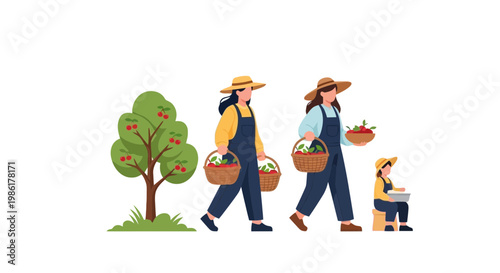Family Picking Fruits During Orchard Picnic in Nature