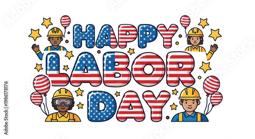 Happy Labor Day celebration with diverse construction workers illustration.