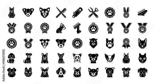A collection of black and white dog icons for pet care and awards.