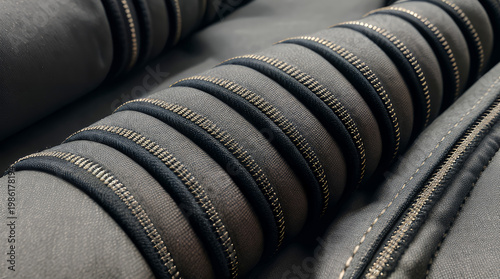 Macro Detail of Grey Textile and Brass Zippers