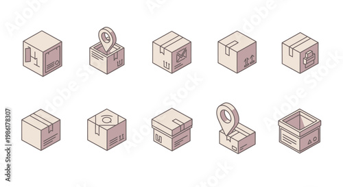 Isometric delivery boxes and logistic shipping icons set for e-commerce and packaging services.