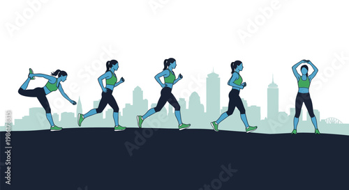 Illustrations of a woman performing various fitness exercises with a city skyline in the background