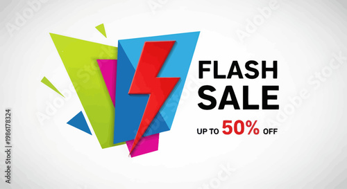 Flash sale banner with lightning bolt and fifty percent discount offer on white background