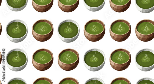 Pattern of steaming matcha tea bowls on white background