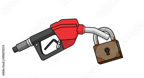 A red and black fuel pump nozzle is secured by a large heavily rusted metal padlock against a plain white background with a stark high contrast motif.