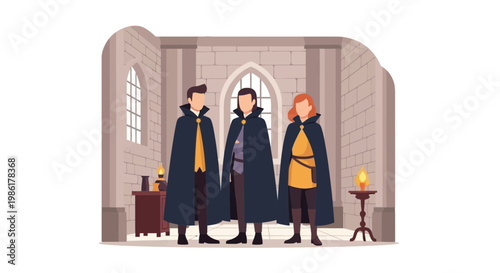 Three Medieval Nobles in Castle Interior during Historical Fairytale Scene