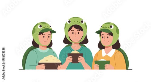 Women in frog-themed costumes enjoying shared moments