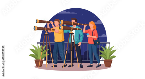 Group of People Using Telescopes for Astronomy Observation