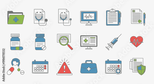 Medical and healthcare icons set with various health-related symbols and tools.