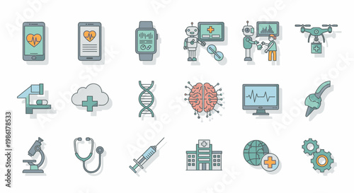 Set of colorful medical and healthcare technology icons with various devices and symbols.