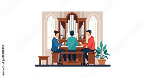 Three people playing the pipe organ in a historic church interior