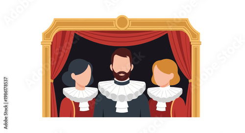 Theatrical Actors in Costume on Stage with Dramatic Curtain Backdrop