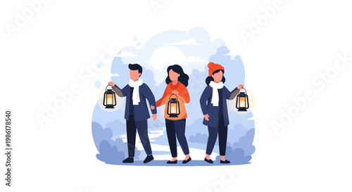 Travelers with Lanterns Standing Outdoors with Globe Background