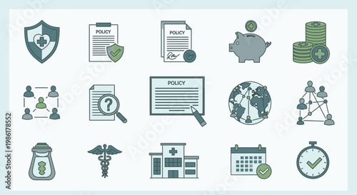 Collection of insurance and healthcare icons representing policy, protection, medical services, and financial planning.