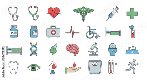 Set of colorful medical and healthcare icons representing various health concepts and tools.