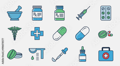 Collection of various colorful medical and pharmaceutical icons on white background.