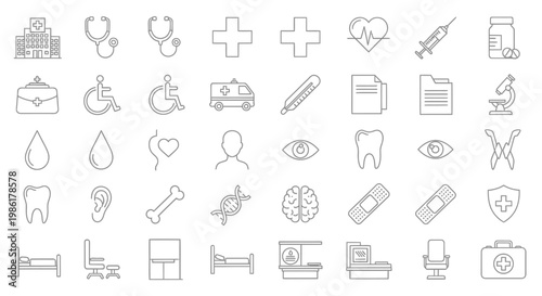 Set of medical and healthcare related line icons in black.
