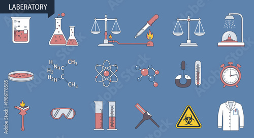 Collection of laboratory and science equipment icons representing chemistry and research tools.
