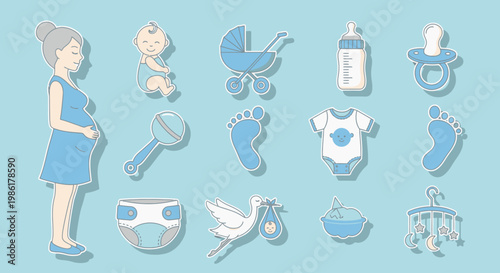 Set of icons representing pregnancy and newborn baby care essentials.