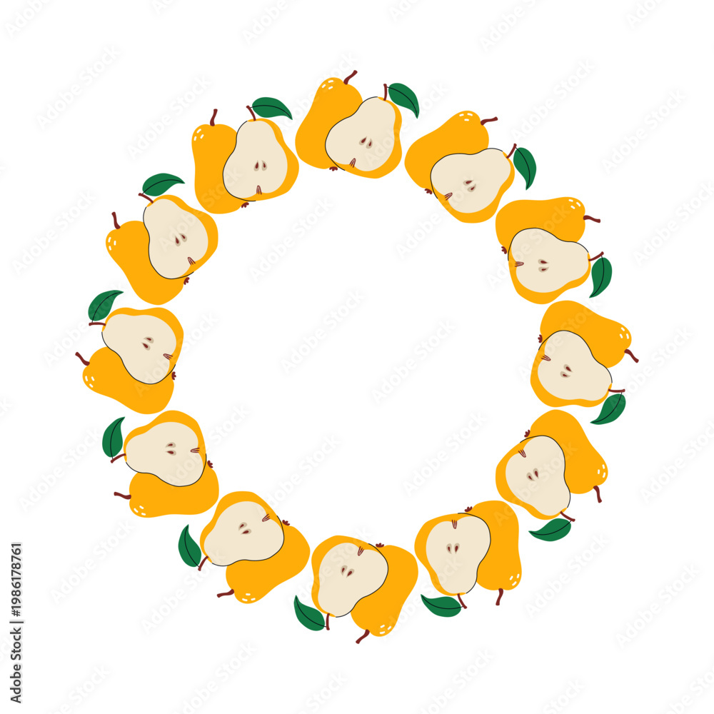 Fototapeta premium A wreath of yellow pears. A round frame with whole and halves of the fruit, and green leaves. Ideal for healthy food labels, organic branding, fall invitations, kitchen decor, or seasonal harvest-them