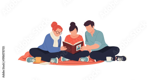 Group of Young People Reading Book Sitting on Floor