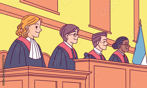Diverse Panel of Smiling Judges Sitting at the Courtroom Bench