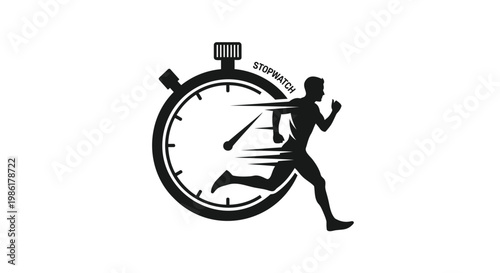 Dynamic graphic icon depicting a fast-moving runner integrated with a stopwatch, symbolizing athletic speed, time management, endurance, and the pursuit of fitness goals and achievements