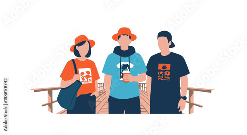 Group of Young Adults Outdoors with Mobile Devices and Backpack