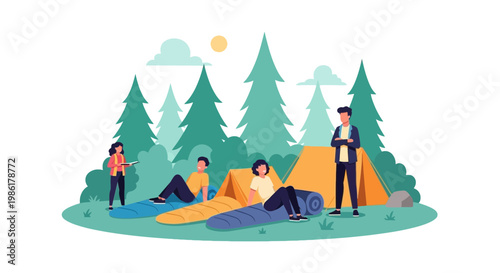 Group of campers relaxing outdoors in a forest setting
