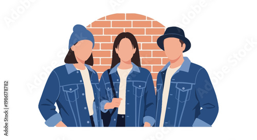 Stylish Group of Young Adults Wearing Denim Jackets and Hats