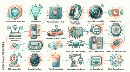 Smart home and connected technology icons set with sensors, drone, thermostat, car, security and automation devices in detailed hand drawn style isolated on white background