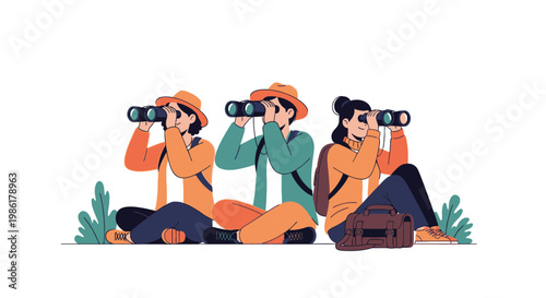 Group of Young Friends Watching Through Binoculars in Nature