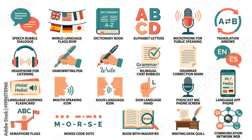 Language learning and communication icons set with alphabet, microphone, headphones, books and translation symbols in colorful hand drawn style isolated on white background