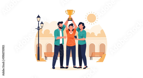 Celebrating Success: Group of Friends Holding Trophy in Park
