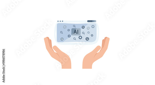 Two open hands gently cradle a glowing translucent digital interface featuring the letters AI amidst various floating gear and magnifying glass icons.