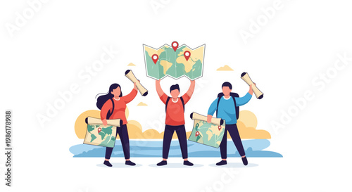 Young People Exploring Travel and Adventure with Maps and Smartphones