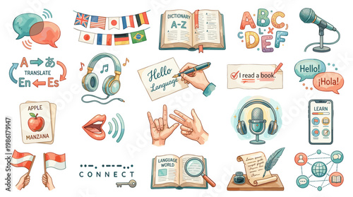 Language learning and communication icons set with alphabet, books, headphones, microphone, gestures and translation symbols in colorful hand drawn style isolated on white background