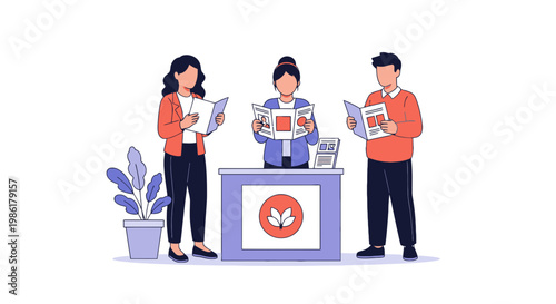 Business Team Reviewing Documents in Office with Desk and Plant