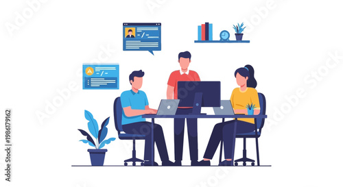 Business Meeting with Colleagues Using Laptop in Modern Office